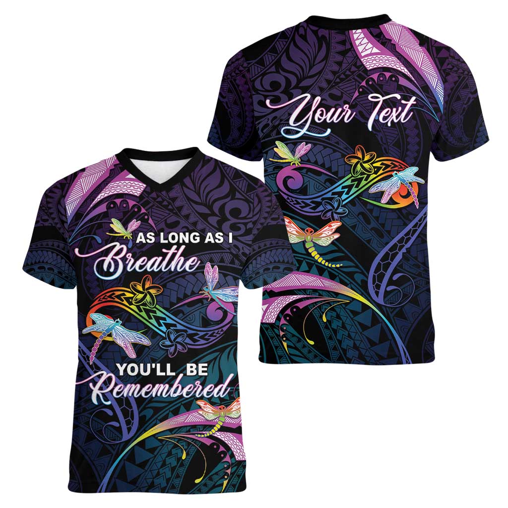 Personalised Polynesia Memorial Women V-Neck T-Shirt Always Remembered Dragonfly Polynesian Style