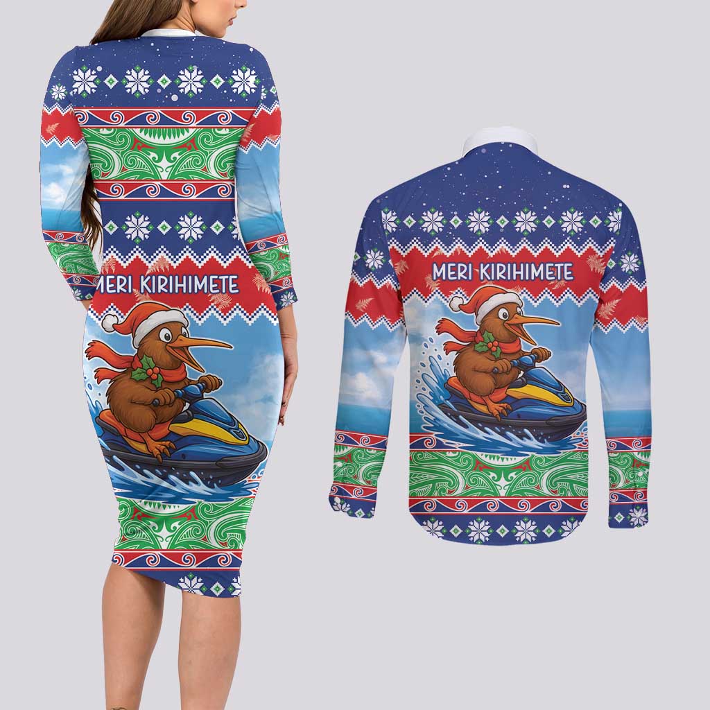 New Zealand Christmas Couples Matching Long Sleeve Bodycon Dress and Long Sleeve Button Shirt Funny Jet Ride Kiwi Xmas - Polynesian Pride