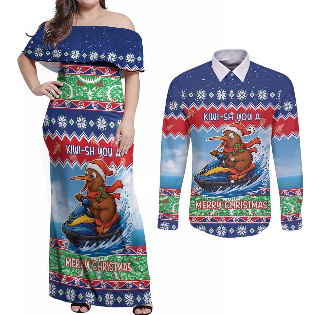New Zealand Christmas Couples Matching Off Shoulder Maxi Dress and Long Sleeve Button Shirt Funny Jet Ride Kiwi Xmas - Polynesian Pride