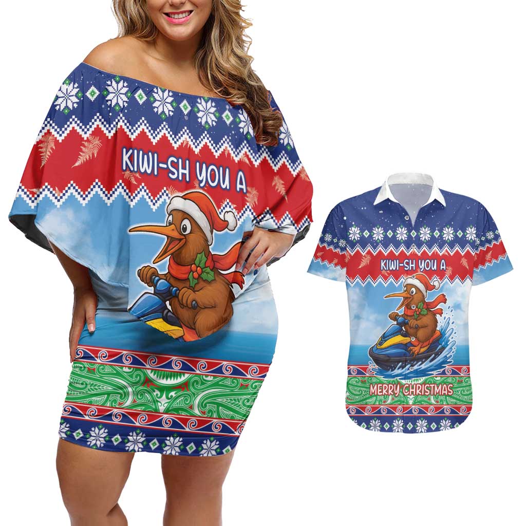 New Zealand Christmas Couples Matching Off Shoulder Short Dress and Hawaiian Shirt Funny Jet Ride Kiwi Xmas - Polynesian Pride