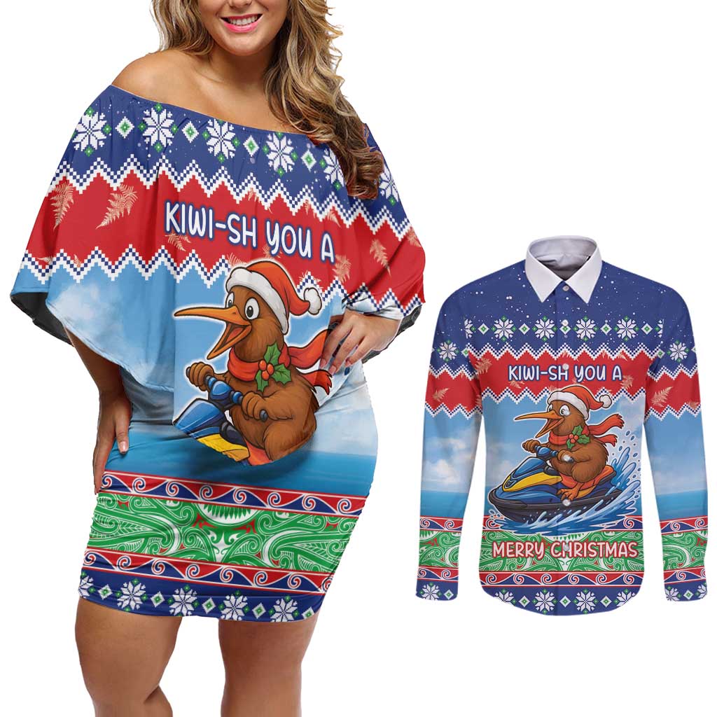 New Zealand Christmas Couples Matching Off Shoulder Short Dress and Long Sleeve Button Shirt Funny Jet Ride Kiwi Xmas - Polynesian Pride