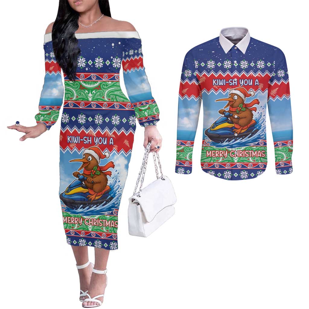 New Zealand Christmas Couples Matching Off The Shoulder Long Sleeve Dress and Long Sleeve Button Shirt Funny Jet Ride Kiwi Xmas - Polynesian Pride