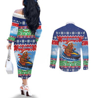 New Zealand Christmas Couples Matching Off The Shoulder Long Sleeve Dress and Long Sleeve Button Shirt Funny Jet Ride Kiwi Xmas - Polynesian Pride