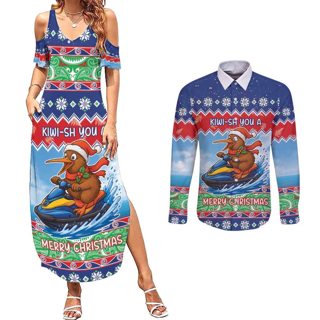 New Zealand Christmas Couples Matching Summer Maxi Dress and Long Sleeve Button Shirt Funny Jet Ride Kiwi Xmas - Polynesian Pride