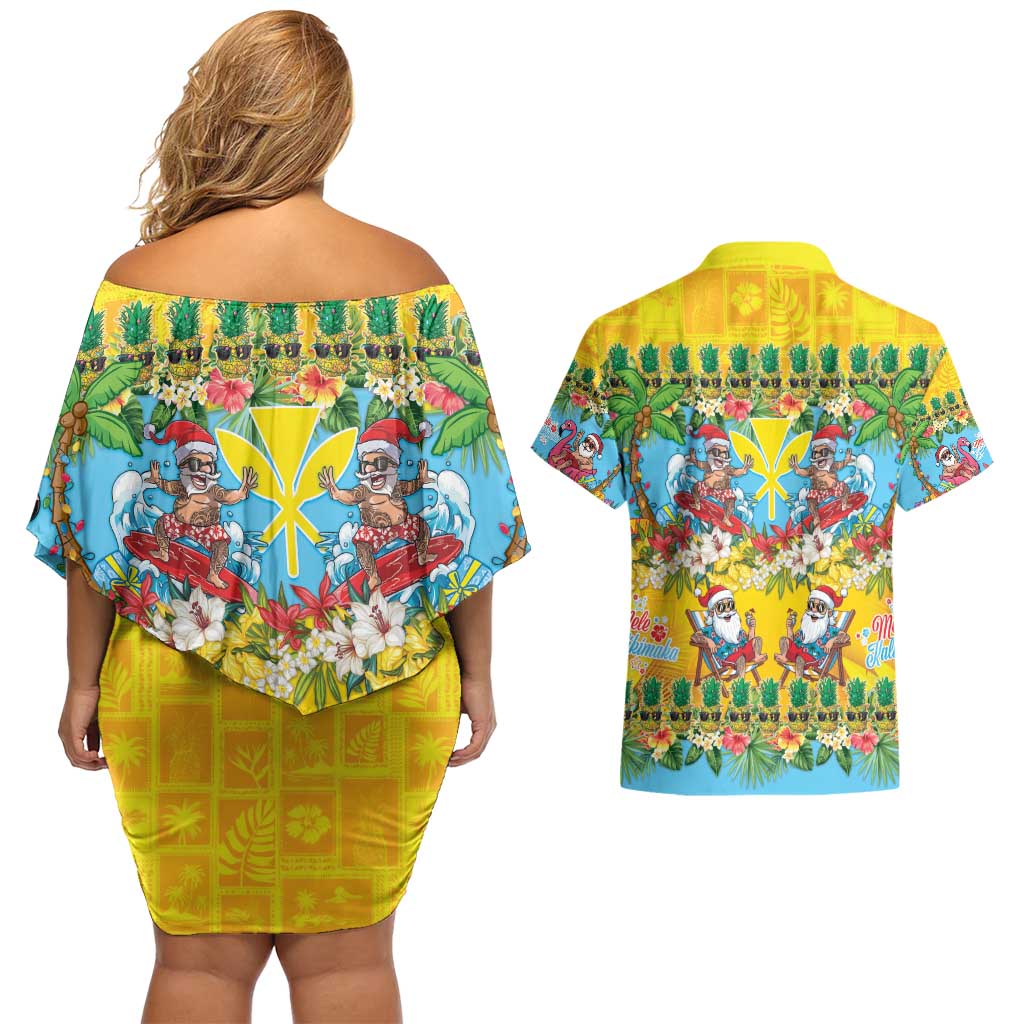Hawaii Christmas Couples Matching Off Shoulder Short Dress and Hawaiian Shirt Mele Kalikimaka Tropical Vibes - Polynesian Pride