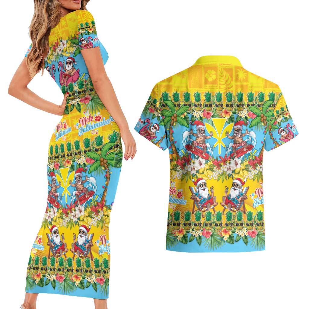 Hawaii Christmas Couples Matching Short Sleeve Bodycon Dress and Hawaiian Shirt Mele Kalikimaka Tropical Vibes - Polynesian Pride