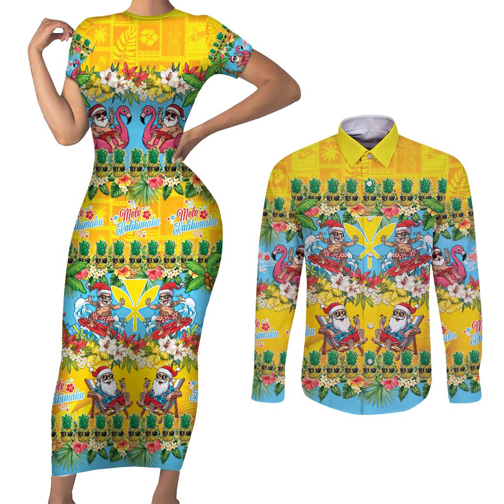 Hawaii Christmas Couples Matching Short Sleeve Bodycon Dress and Long Sleeve Button Shirt Mele Kalikimaka Tropical Vibes - Polynesian Pride