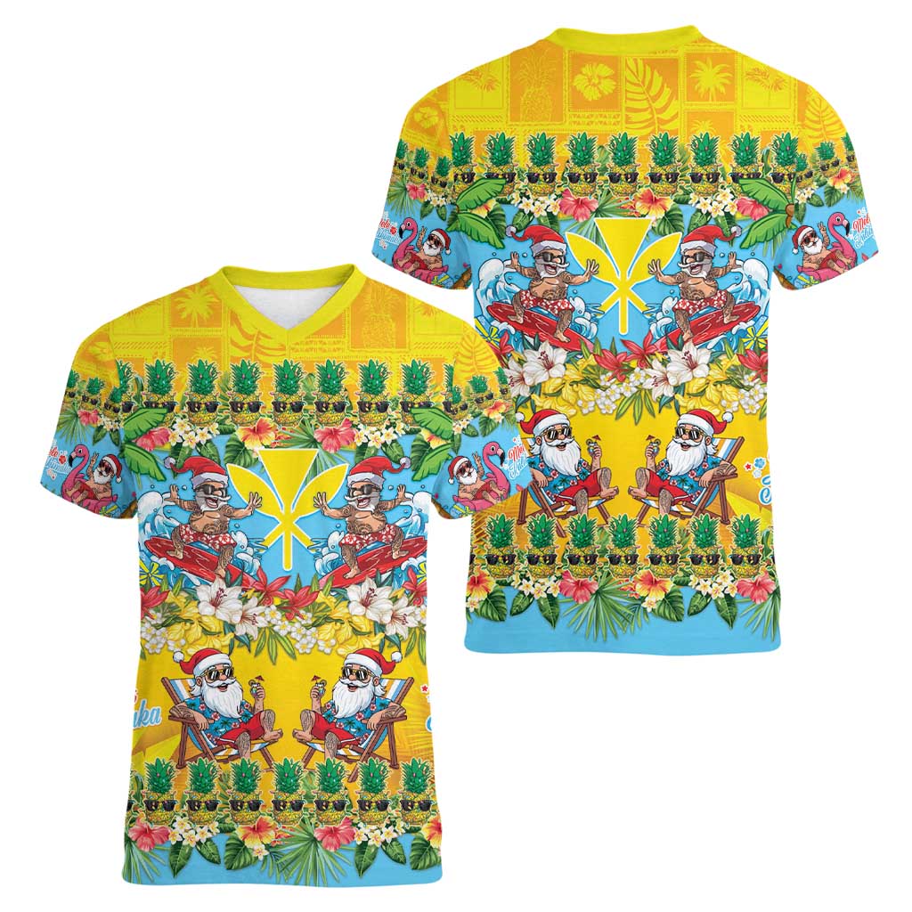 Hawaii Christmas Women V-Neck T-Shirt Mele Kalikimaka Tropical Vibes - Polynesian Pride