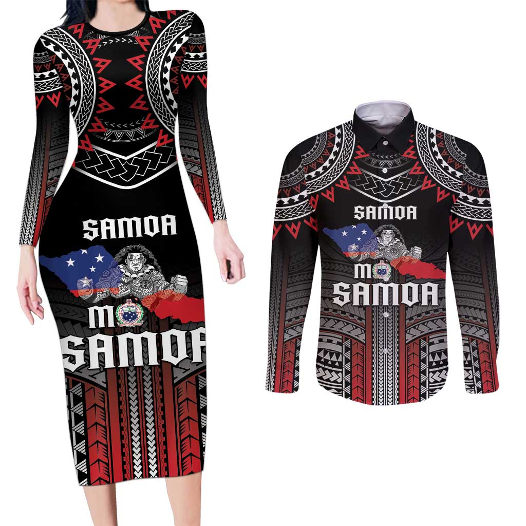 Personalised Samoa Black Saturday Couples Matching Long Sleeve Bodycon Dress and Long Sleeve Button Shirt Samoan Warrior Tribal Pattern LT05 Black - Polynesian Pride