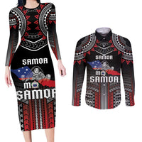 Personalised Samoa Black Saturday Couples Matching Long Sleeve Bodycon Dress and Long Sleeve Button Shirt Samoan Warrior Tribal Pattern LT05 Black - Polynesian Pride