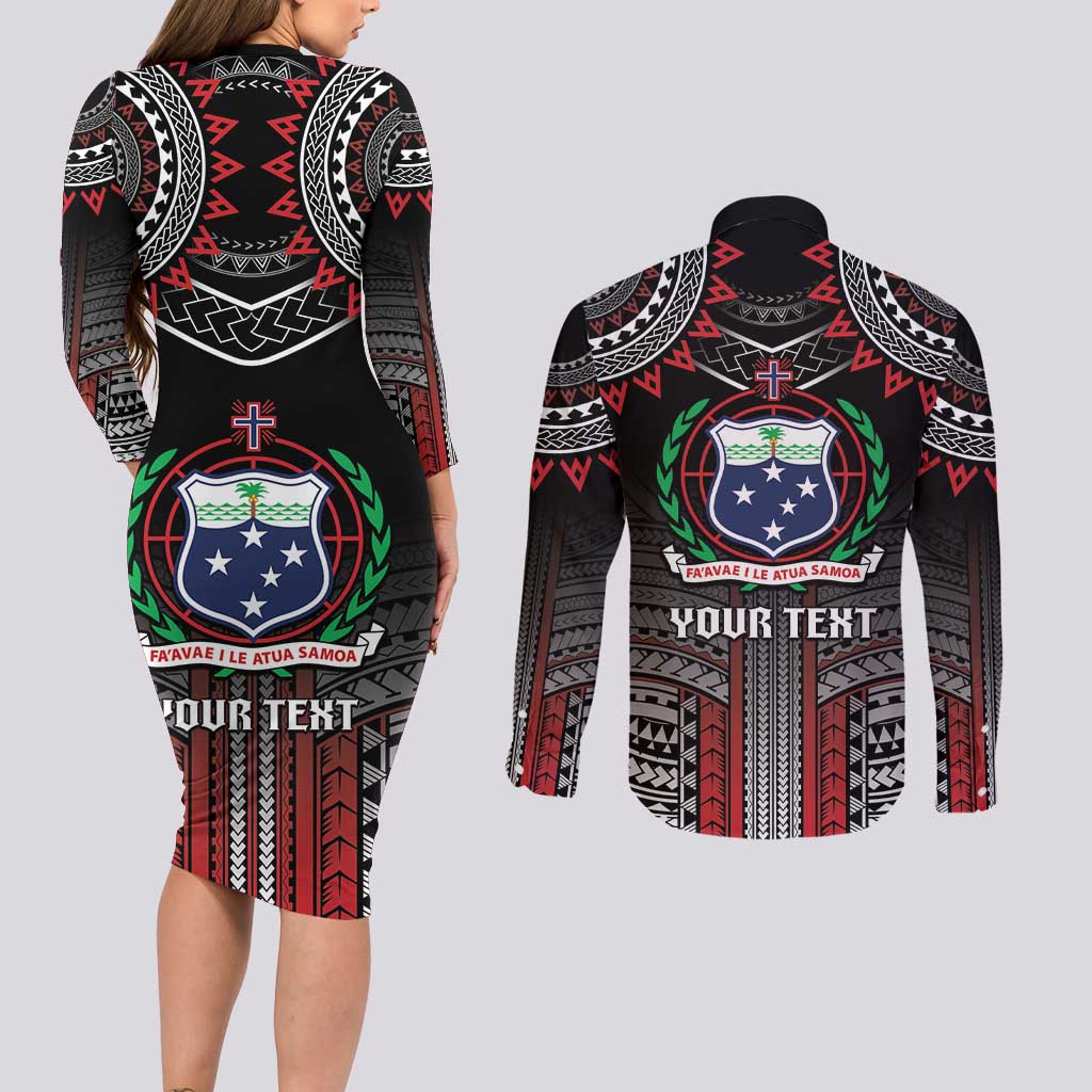 Personalised Samoa Black Saturday Couples Matching Long Sleeve Bodycon Dress and Long Sleeve Button Shirt Samoan Warrior Tribal Pattern LT05 - Polynesian Pride