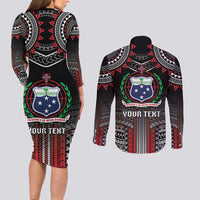 Personalised Samoa Black Saturday Couples Matching Long Sleeve Bodycon Dress and Long Sleeve Button Shirt Samoan Warrior Tribal Pattern LT05 - Polynesian Pride