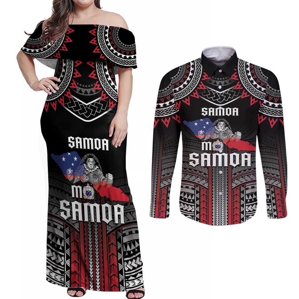 Personalised Samoa Black Saturday Couples Matching Off Shoulder Maxi Dress and Long Sleeve Button Shirt Samoan Warrior Tribal Pattern LT05 Black - Polynesian Pride
