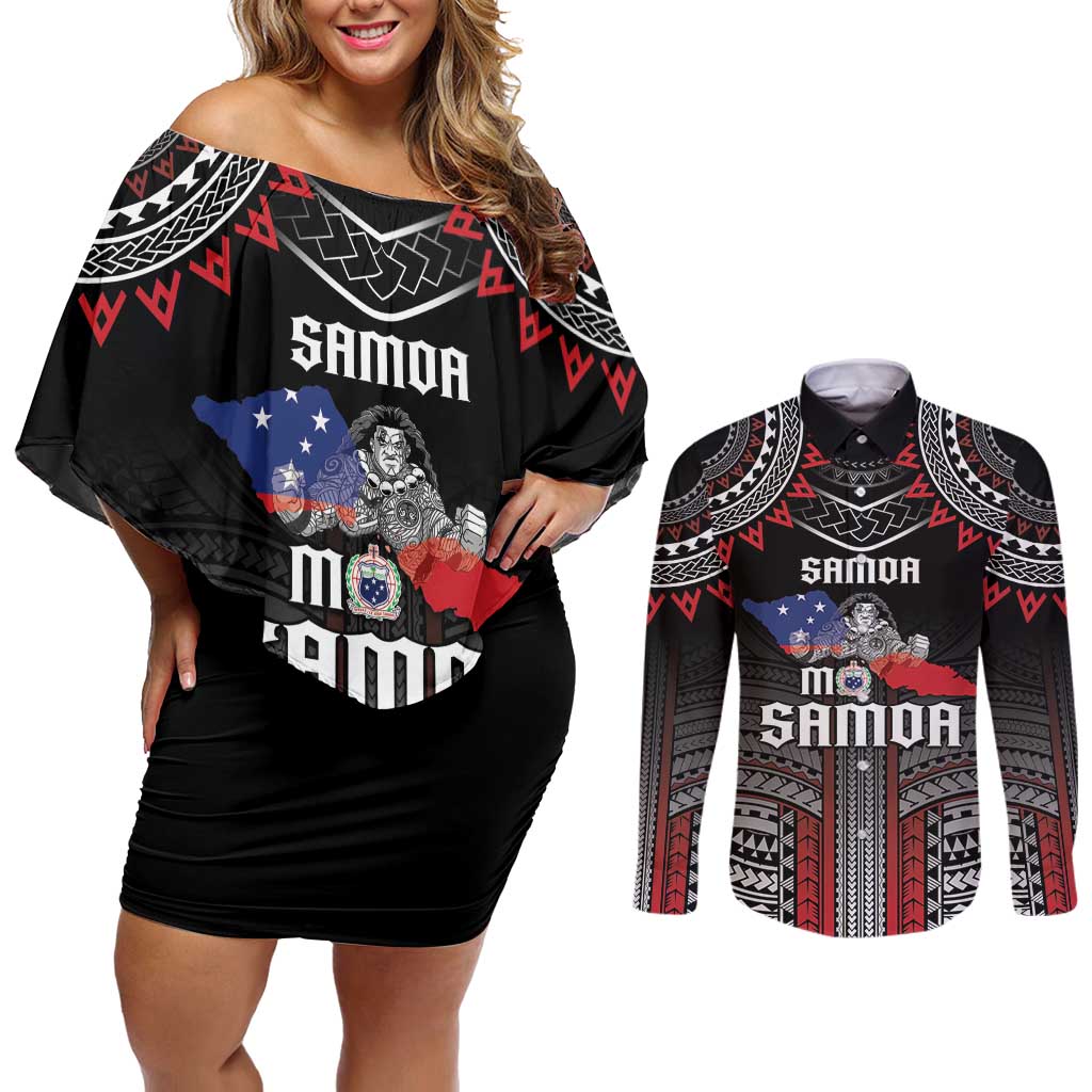 Personalised Samoa Black Saturday Couples Matching Off Shoulder Short Dress and Long Sleeve Button Shirt Samoan Warrior Tribal Pattern LT05 Black - Polynesian Pride