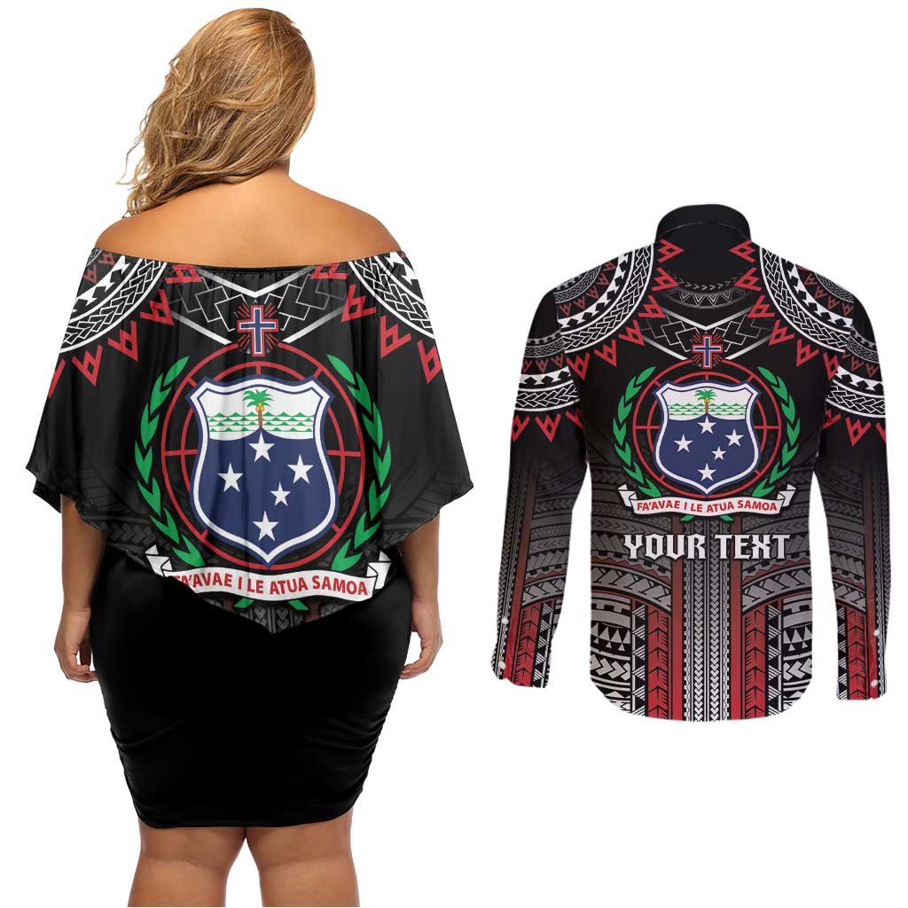 Personalised Samoa Black Saturday Couples Matching Off Shoulder Short Dress and Long Sleeve Button Shirt Samoan Warrior Tribal Pattern