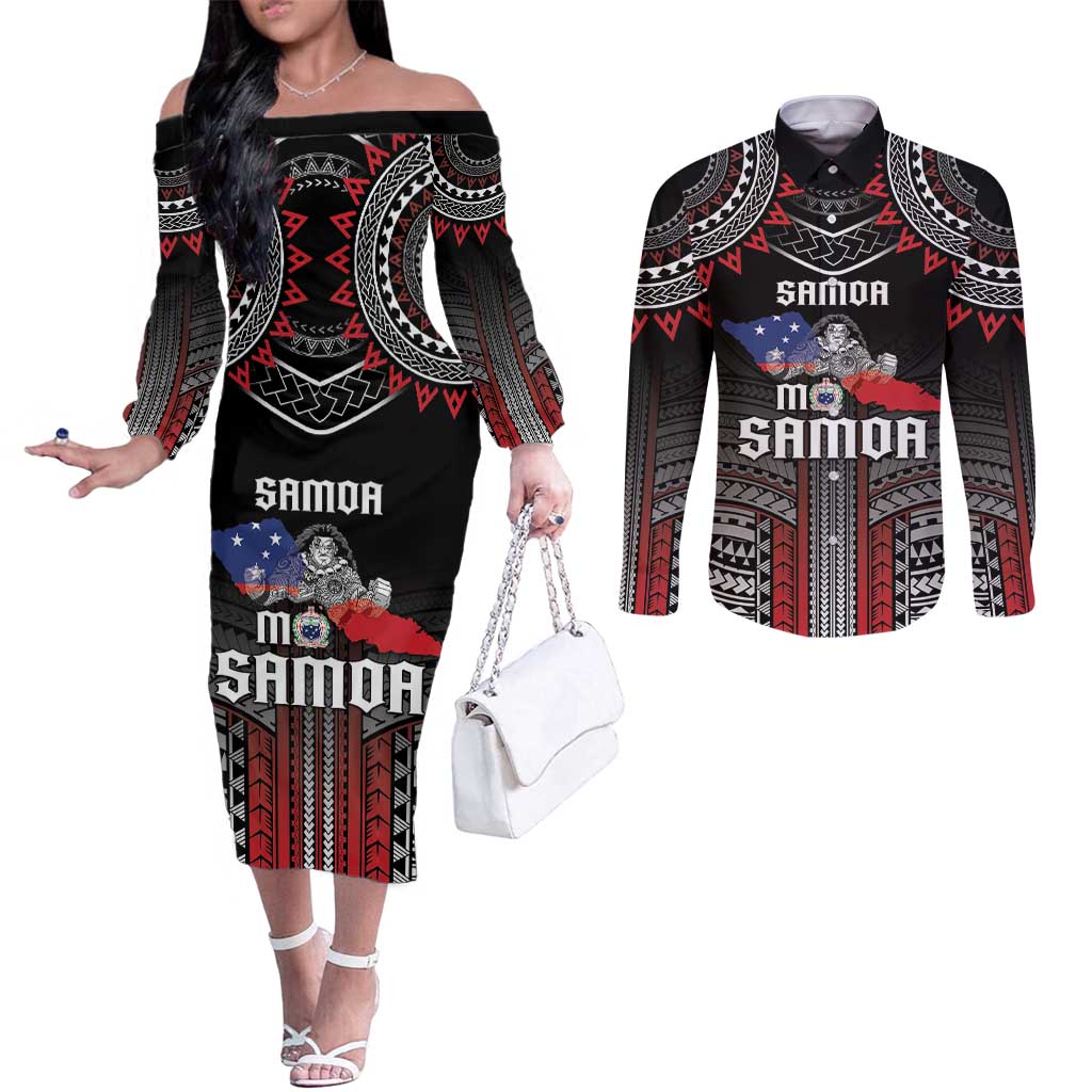 Personalised Samoa Black Saturday Couples Matching Off The Shoulder Long Sleeve Dress and Long Sleeve Button Shirt Samoan Warrior Tribal Pattern LT05 Black - Polynesian Pride