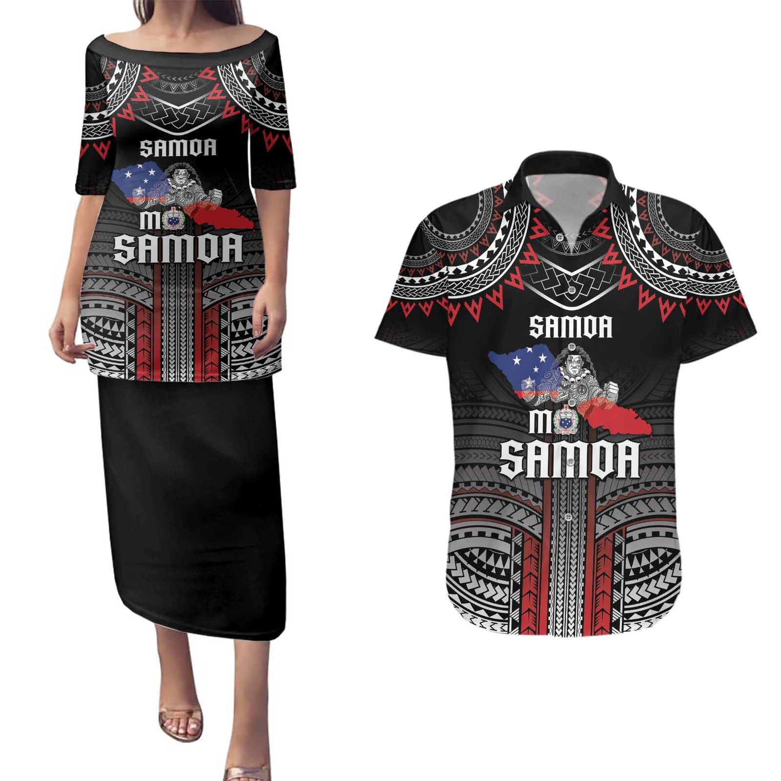 Personalised Samoa Black Saturday Couples Matching Puletasi and Hawaiian Shirt Samoan Warrior Tribal Pattern