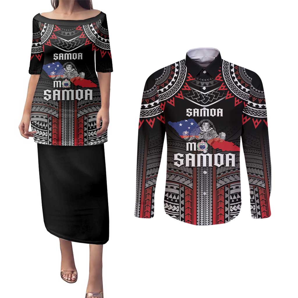 Personalised Samoa Black Saturday Couples Matching Puletasi and Long Sleeve Button Shirt Samoan Warrior Tribal Pattern LT05 Black - Polynesian Pride