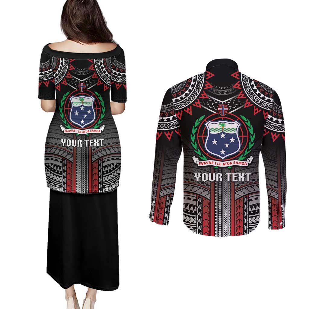 Personalised Samoa Black Saturday Couples Matching Puletasi and Long Sleeve Button Shirt Samoan Warrior Tribal Pattern LT05 - Polynesian Pride