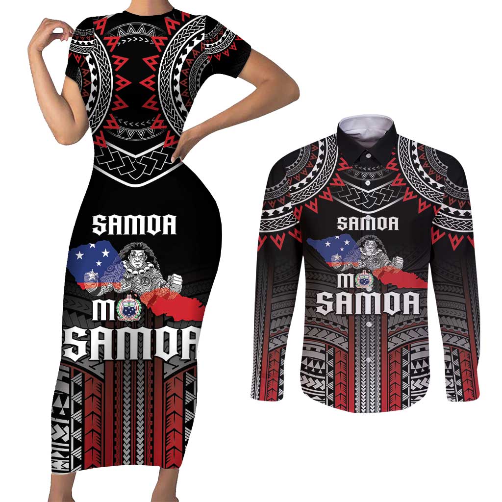 Personalised Samoa Black Saturday Couples Matching Short Sleeve Bodycon Dress and Long Sleeve Button Shirt Samoan Warrior Tribal Pattern LT05 Black - Polynesian Pride