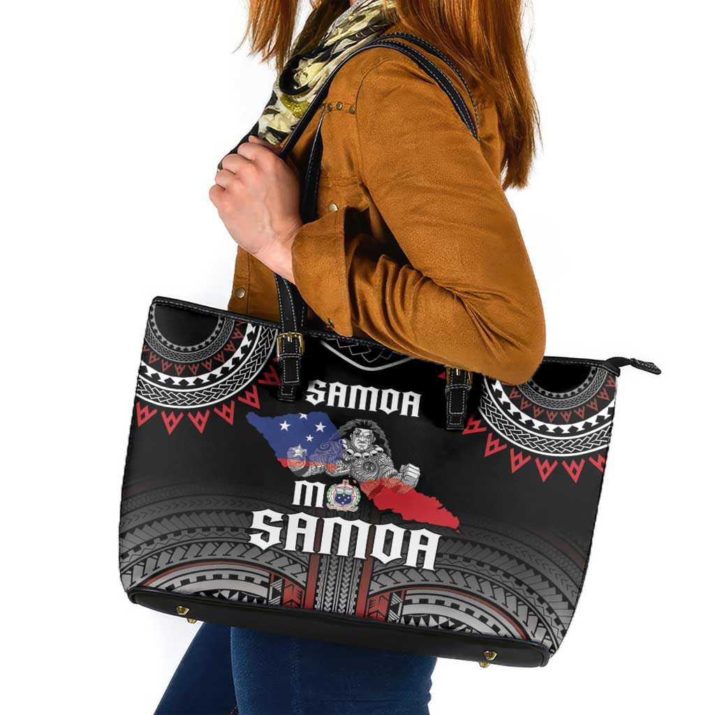 Samoa Black Saturday Leather Tote Bag Samoan Warrior Tribal Pattern LT05 Black - Polynesian Pride