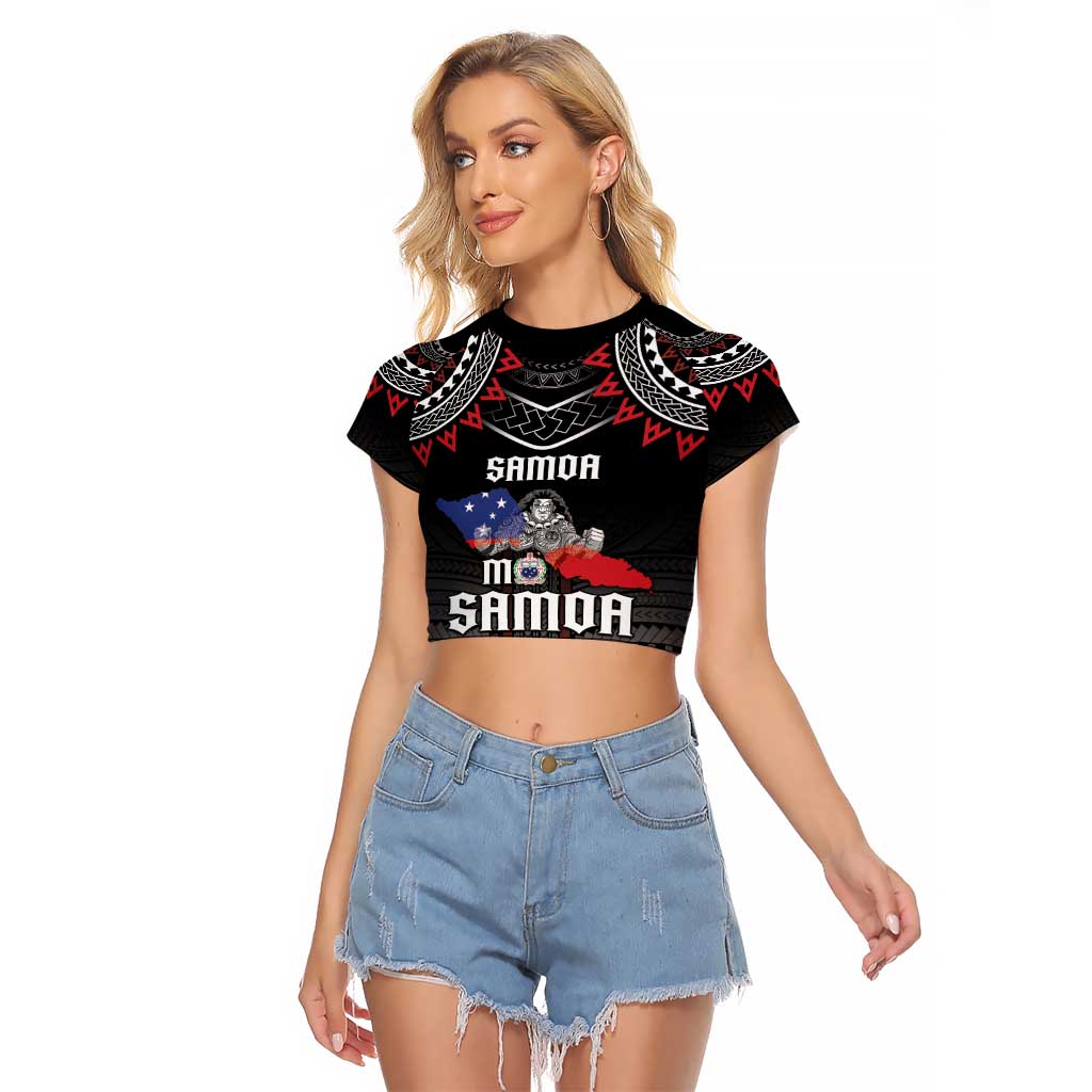 Personalised Samoa Black Saturday Raglan Cropped T Shirt Samoan Warrior Tribal Pattern LT05 Female Black - Polynesian Pride