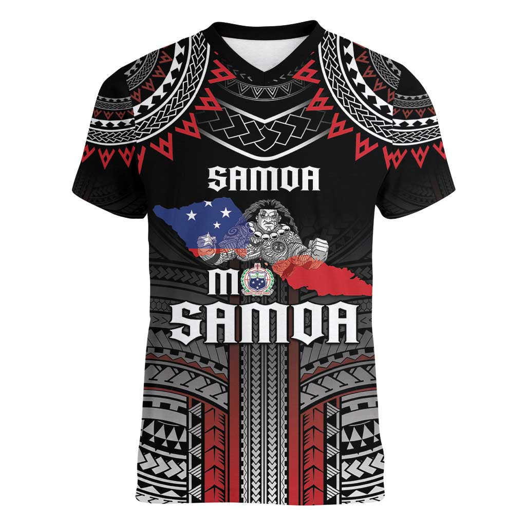 Personalised Samoa Black Saturday Women V-Neck T-Shirt Samoan Warrior Tribal Pattern LT05 Female Black - Polynesian Pride