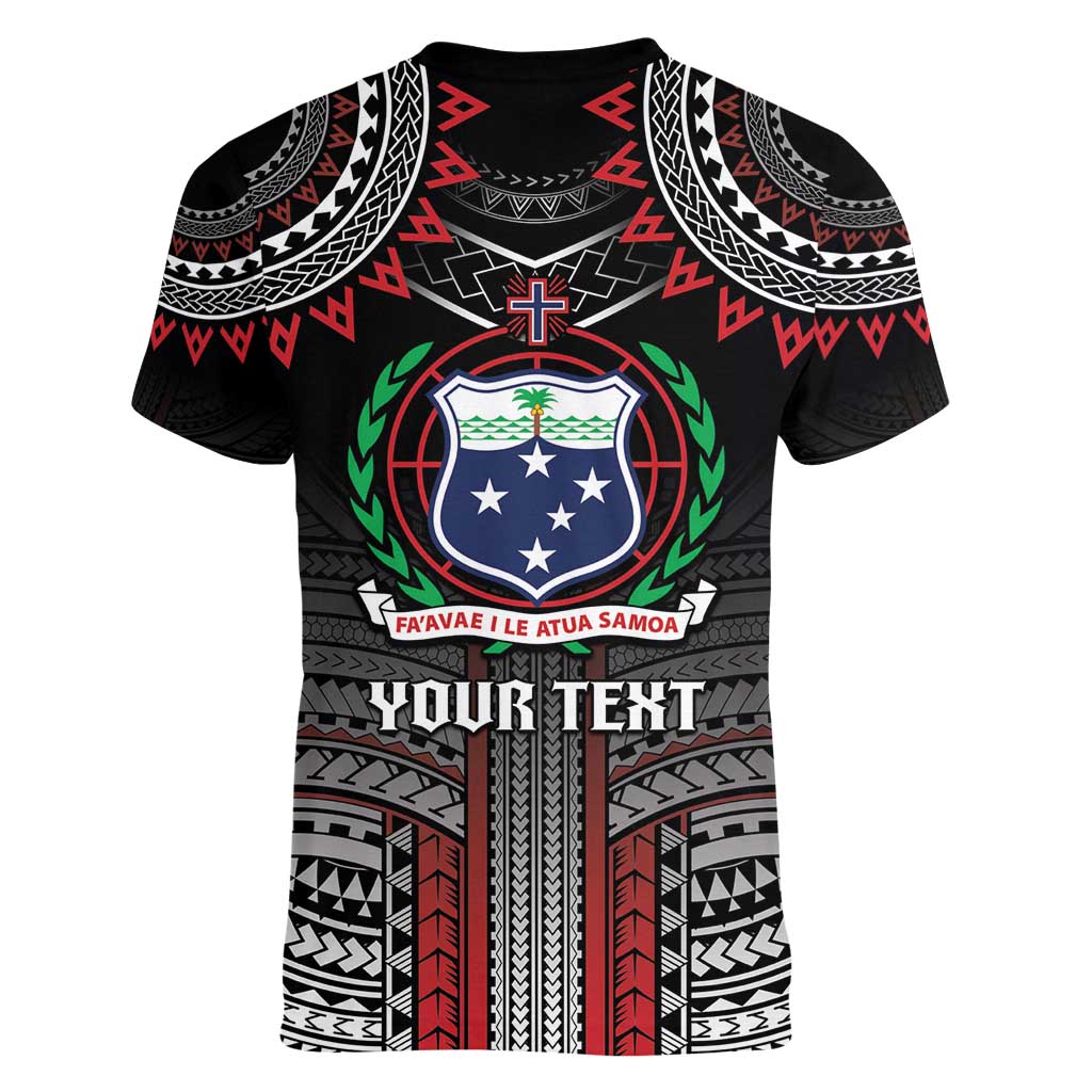 Personalised Samoa Black Saturday Women V-Neck T-Shirt Samoan Warrior Tribal Pattern LT05 - Polynesian Pride