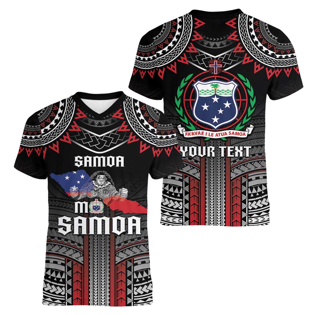 Personalised Samoa Black Saturday Women V-Neck T-Shirt Samoan Warrior Tribal Pattern LT05 - Polynesian Pride