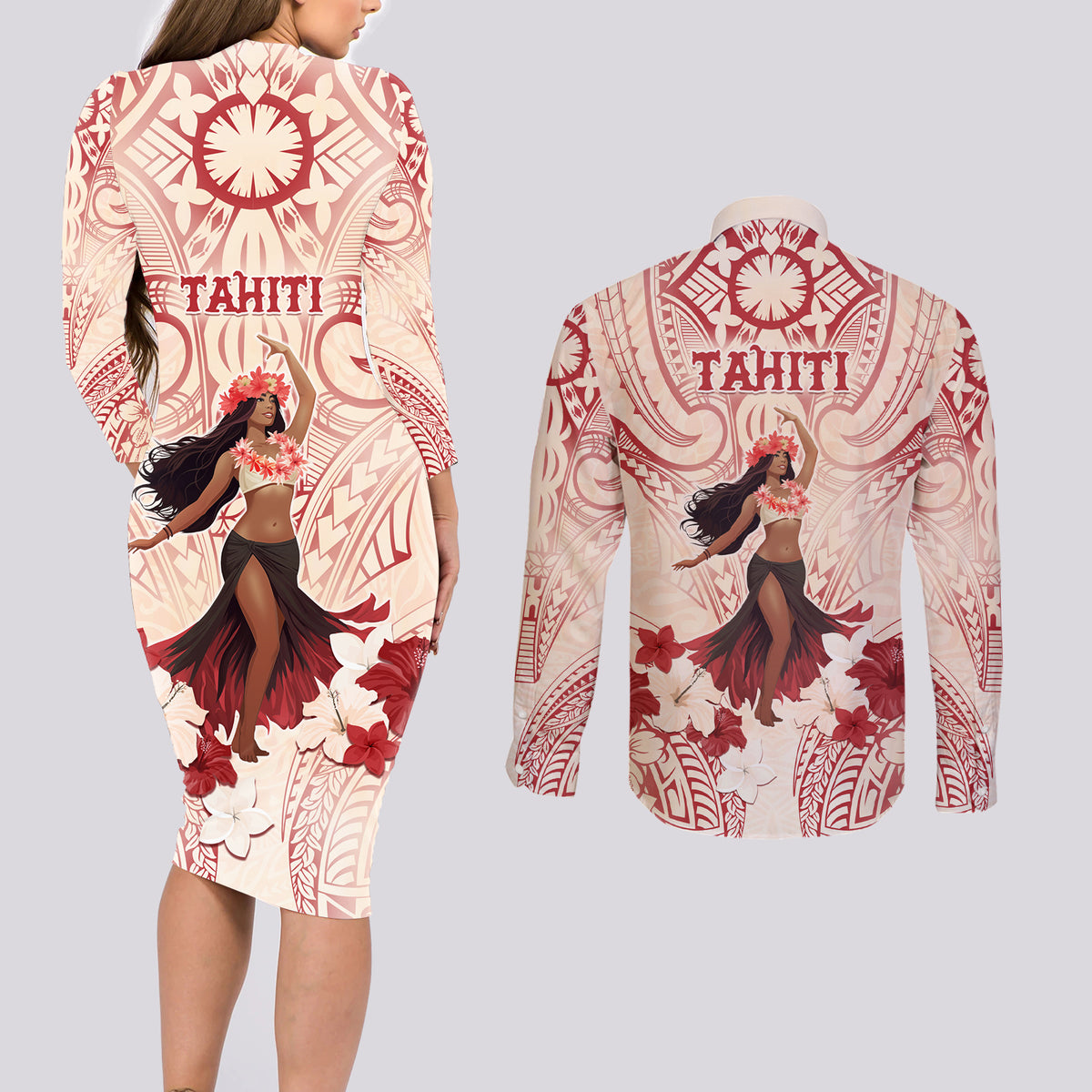 Tahiti Women's Day Couples Matching Long Sleeve Bodycon Dress and Long Sleeve Button Shirt With Polynesian Pattern LT05 - Polynesian Pride