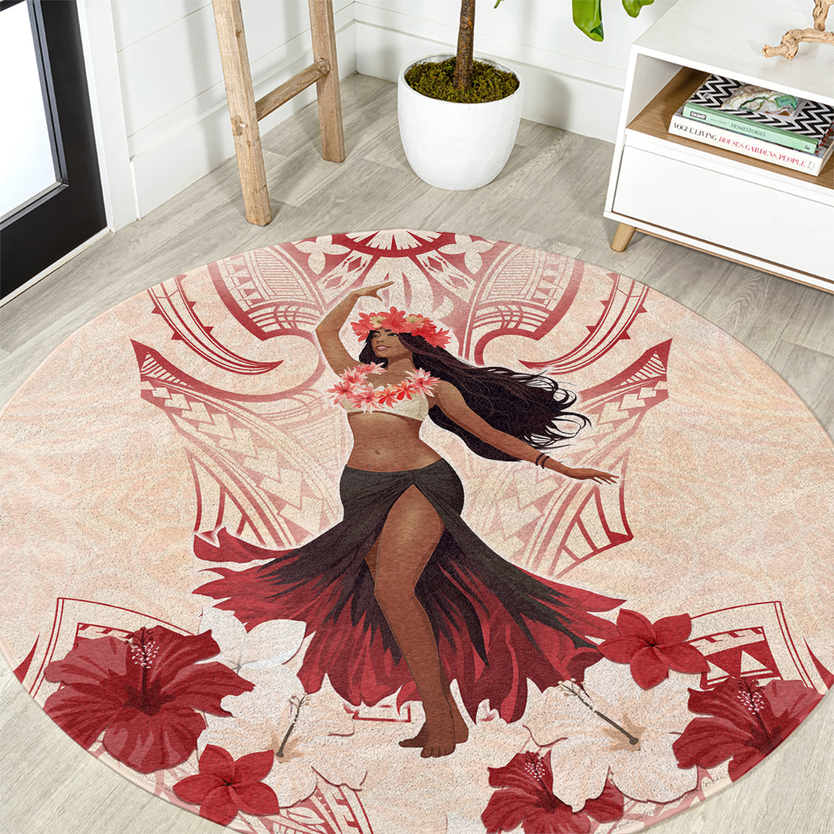 Tahiti Women's Day Round Carpet With Polynesian Pattern