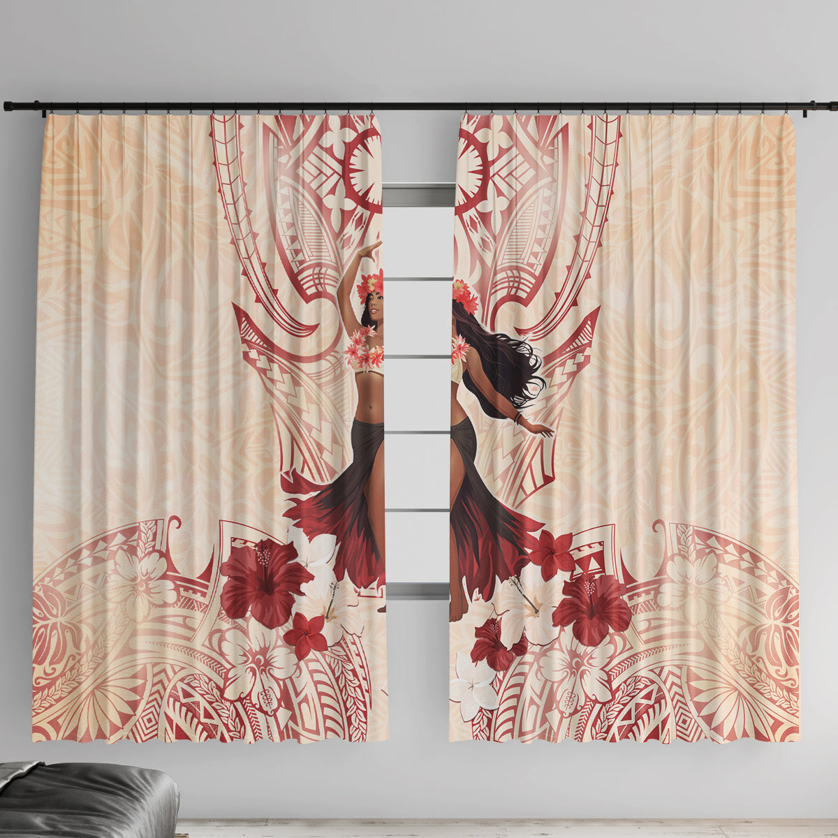 Tahiti Women's Day Window Curtain With Polynesian Pattern LT05 With Hooks Beige - Polynesian Pride