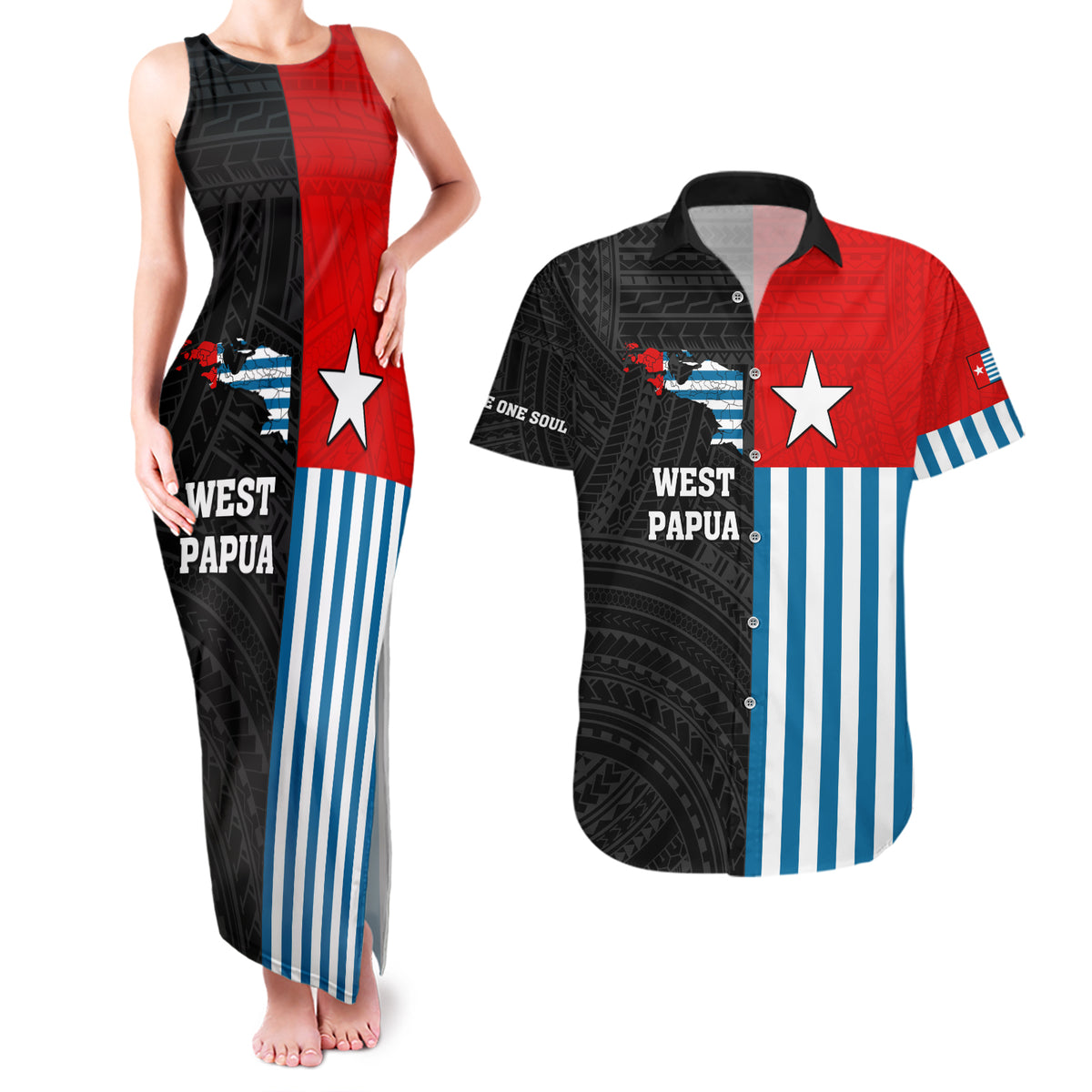 Personalised West Papua Couples Matching Tank Maxi Dress and Hawaiian Shirt Polynesian Pattern With Coat Of Arms LT05 Blue - Polynesian Pride