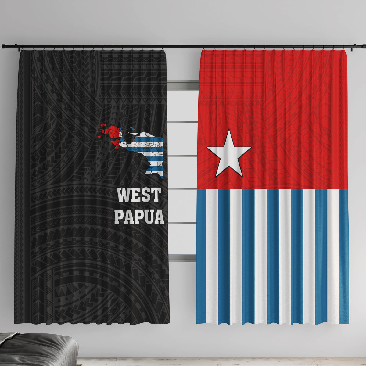 West Papua Window Curtain Polynesian Pattern With Coat Of Arms LT05 With Hooks Blue - Polynesian Pride
