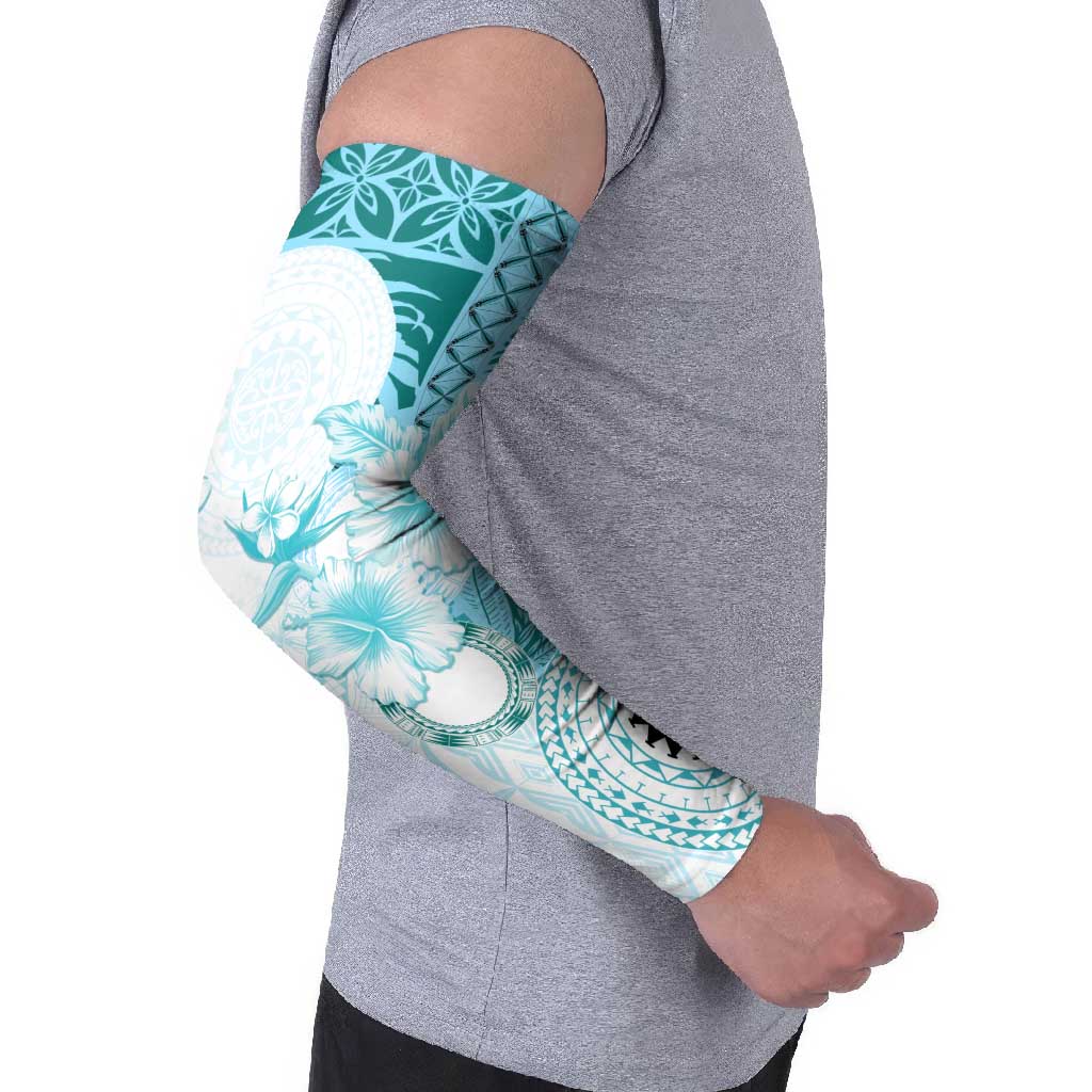 Samoa Siapo Pattern With Teal Hibiscus Arm Sleeves LT05 - Polynesian Pride