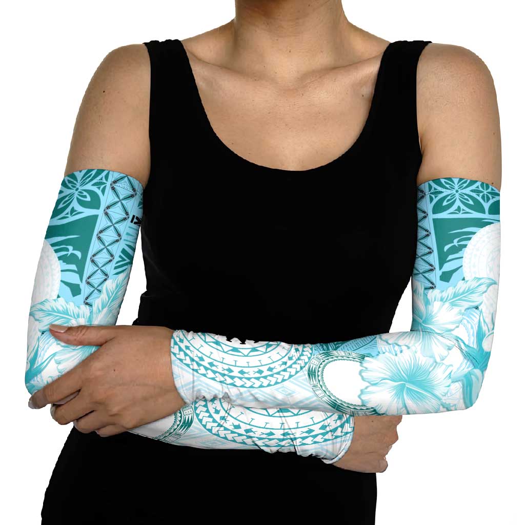 Samoa Siapo Pattern With Teal Hibiscus Arm Sleeves LT05 - Polynesian Pride