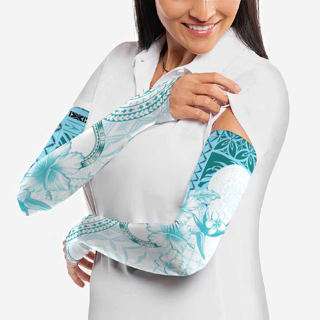 Samoa Siapo Pattern With Teal Hibiscus Arm Sleeves LT05 - Polynesian Pride