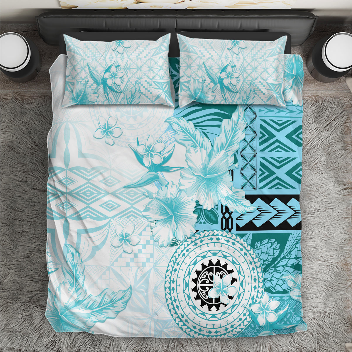 Samoa Siapo Pattern With Teal Hibiscus Bedding Set