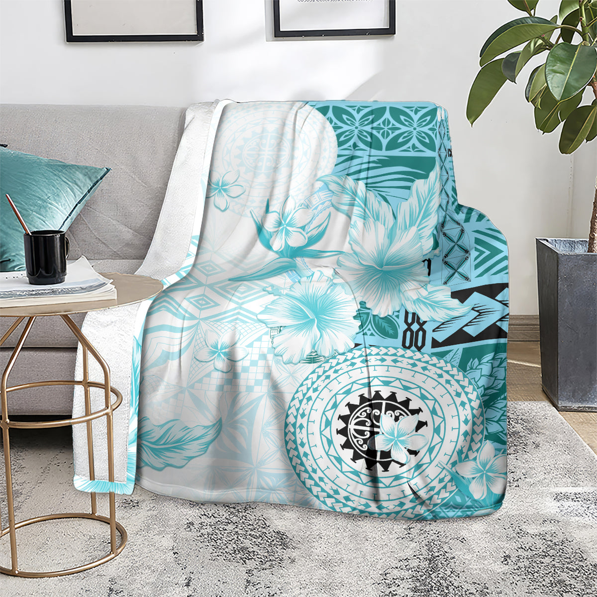 Samoa Siapo Pattern With Teal Hibiscus Blanket
