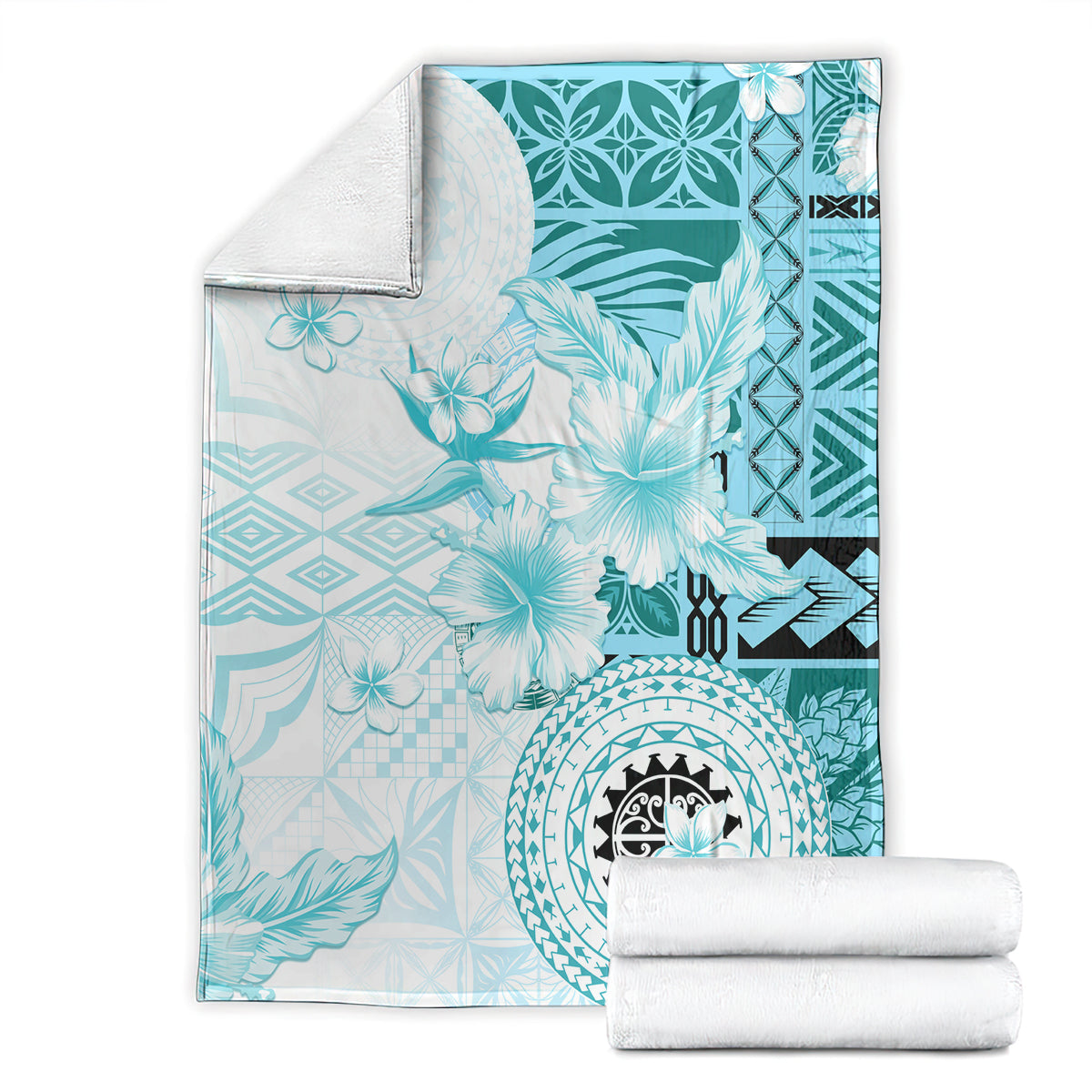 Samoa Siapo Pattern With Teal Hibiscus Blanket