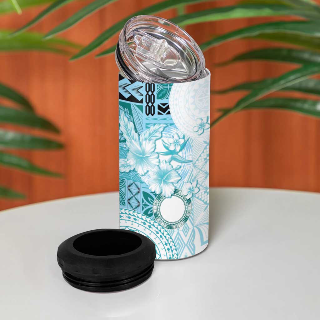 Samoa Siapo Pattern With Teal Hibiscus 4 in 1 Can Cooler Tumbler