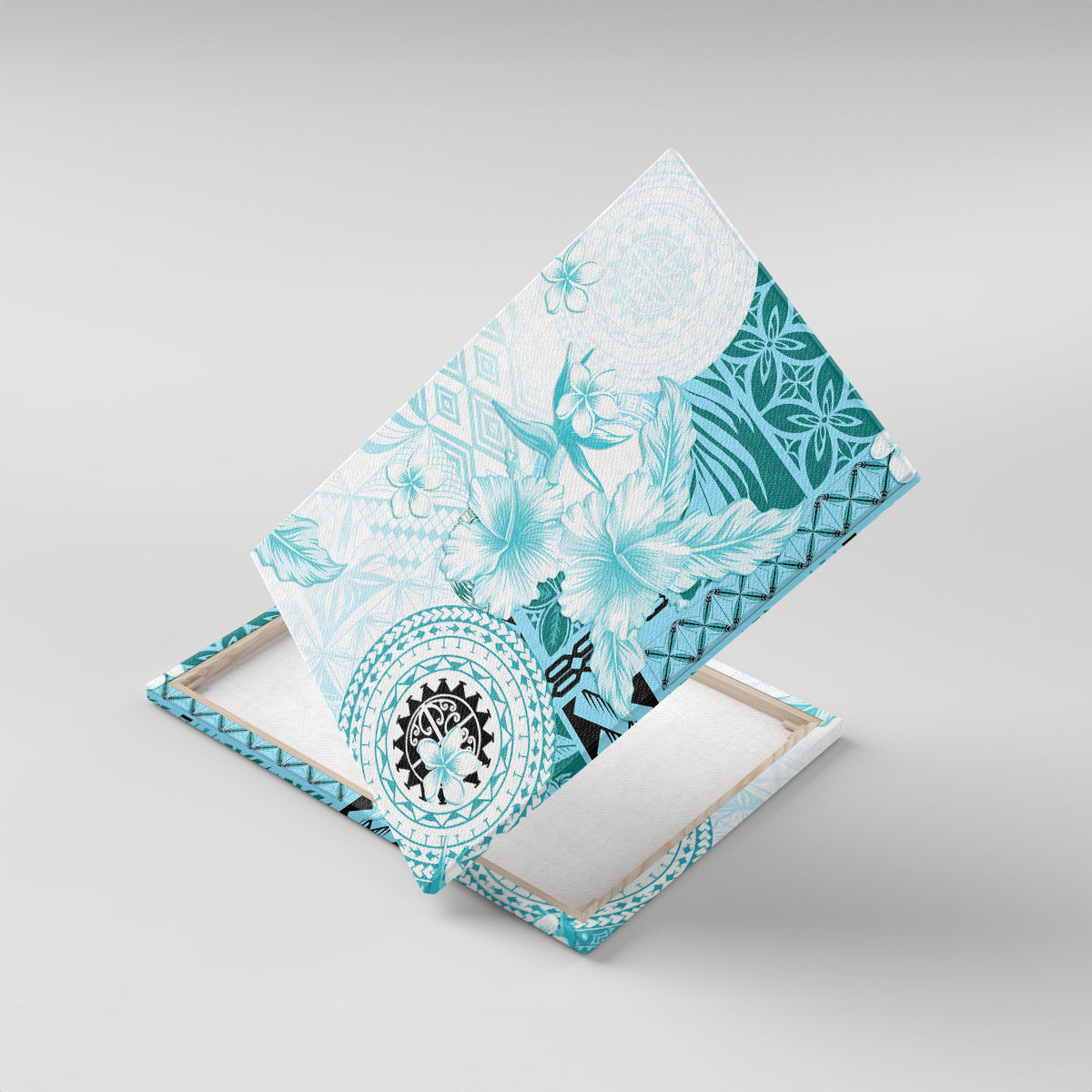 Samoa Siapo Pattern With Teal Hibiscus Canvas Wall Art