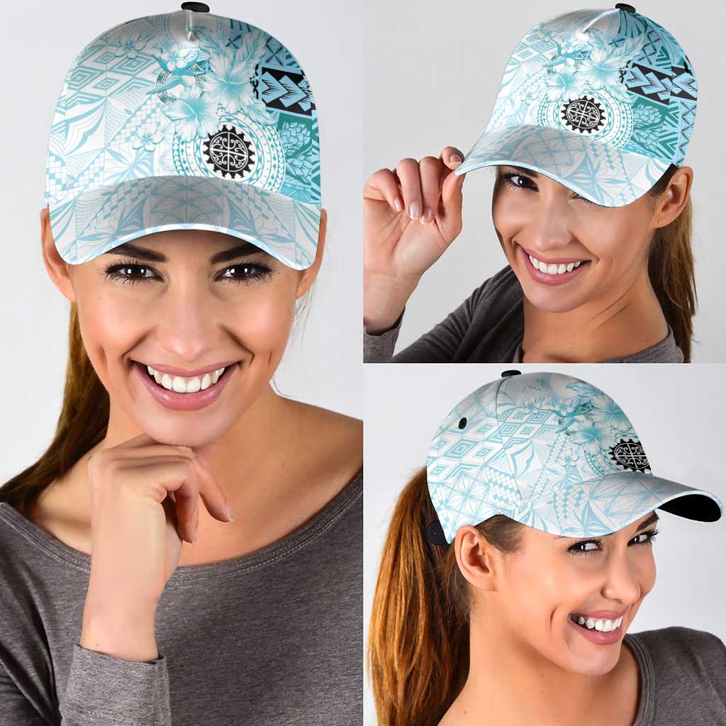Samoa Siapo Pattern With Teal Hibiscus Classic Cap - Polynesian Pride