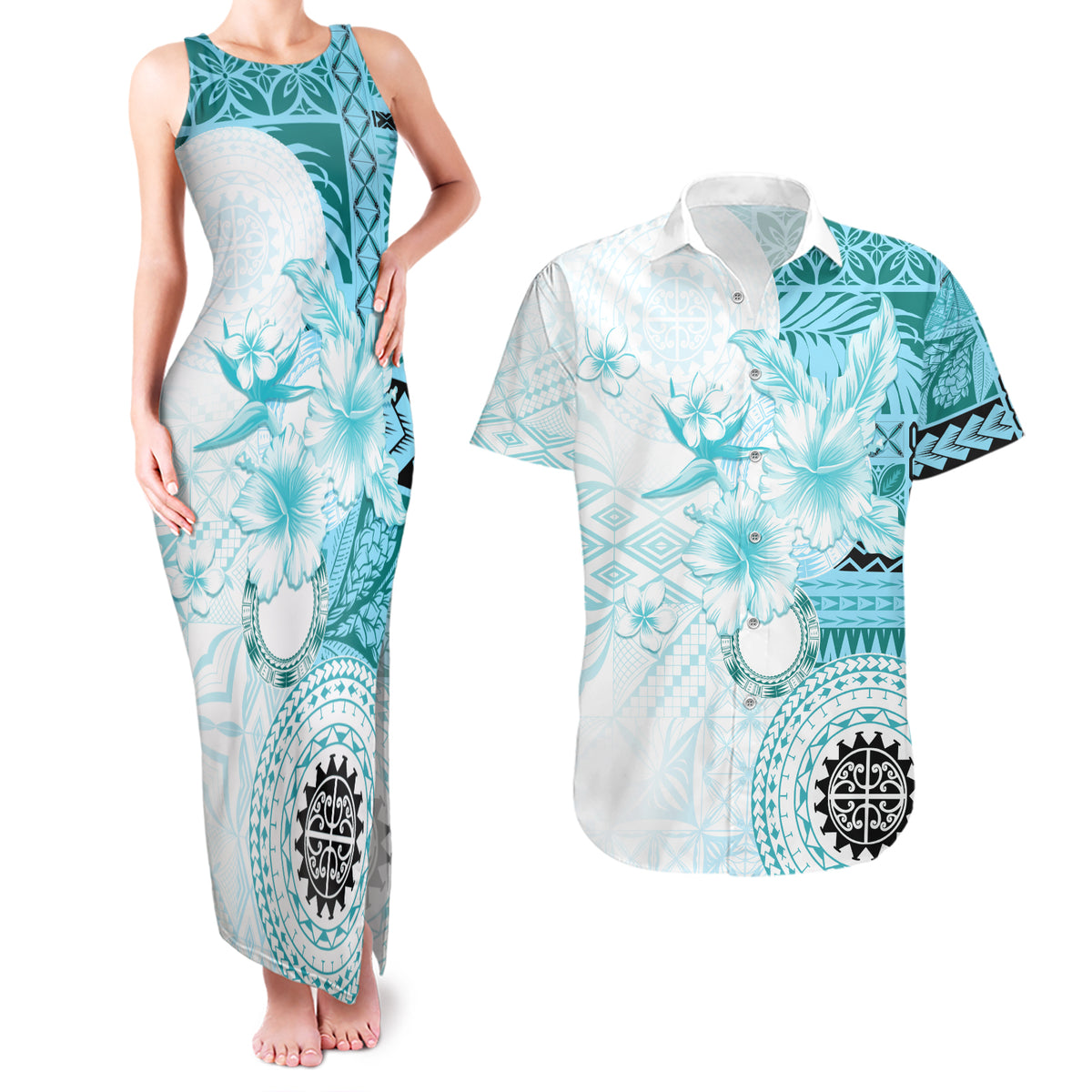 Samoa Siapo Pattern With Teal Hibiscus Couples Matching Tank Maxi Dress and Hawaiian Shirt LT05 Teal - Polynesian Pride