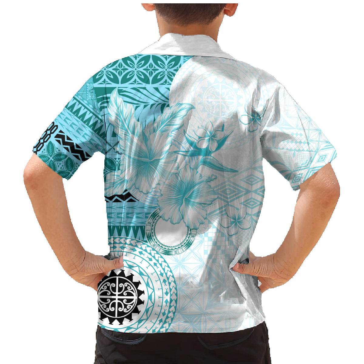 Samoa Siapo Pattern With Teal Hibiscus Family Matching Mermaid Dress and Hawaiian Shirt LT05 - Polynesian Pride