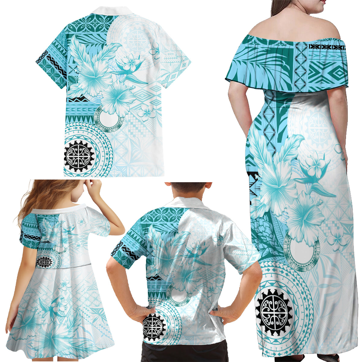 Samoa Siapo Pattern With Teal Hibiscus Family Matching Off Shoulder Maxi Dress and Hawaiian Shirt LT05 - Polynesian Pride