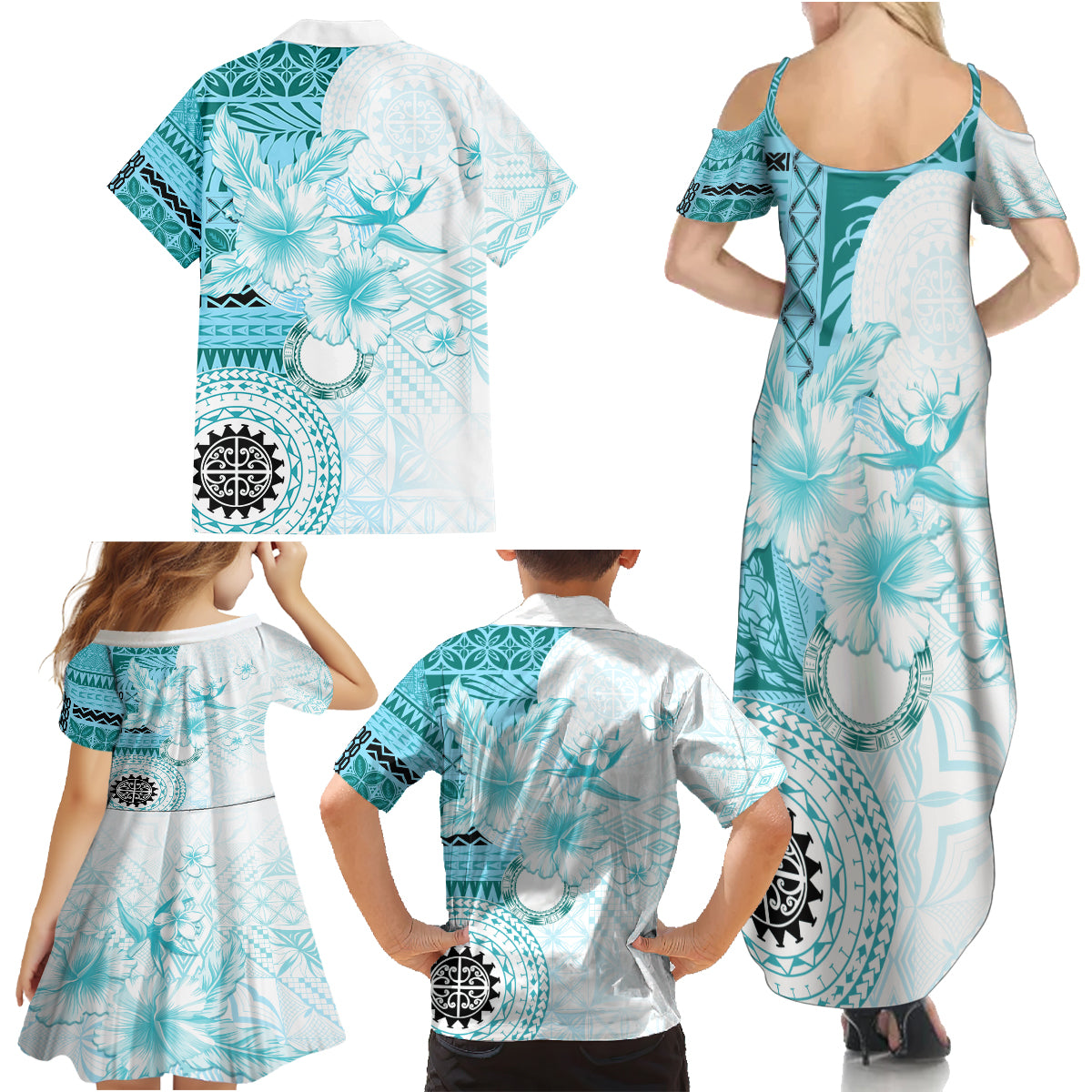 Samoa Siapo Pattern With Teal Hibiscus Family Matching Summer Maxi Dress and Hawaiian Shirt LT05 - Polynesian Pride
