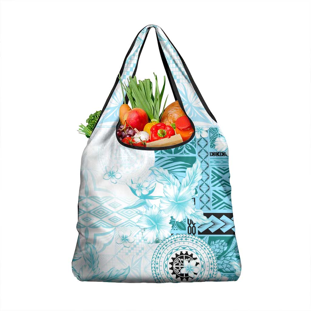 Samoa Siapo Pattern With Teal Hibiscus Grocery Bag