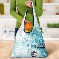 Samoa Siapo Pattern With Teal Hibiscus Grocery Bag