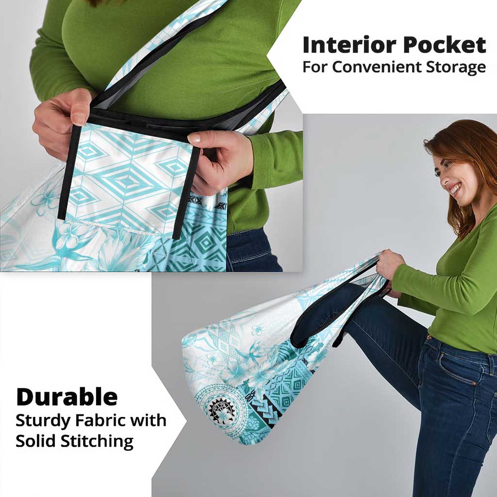 Samoa Siapo Pattern With Teal Hibiscus Grocery Bag
